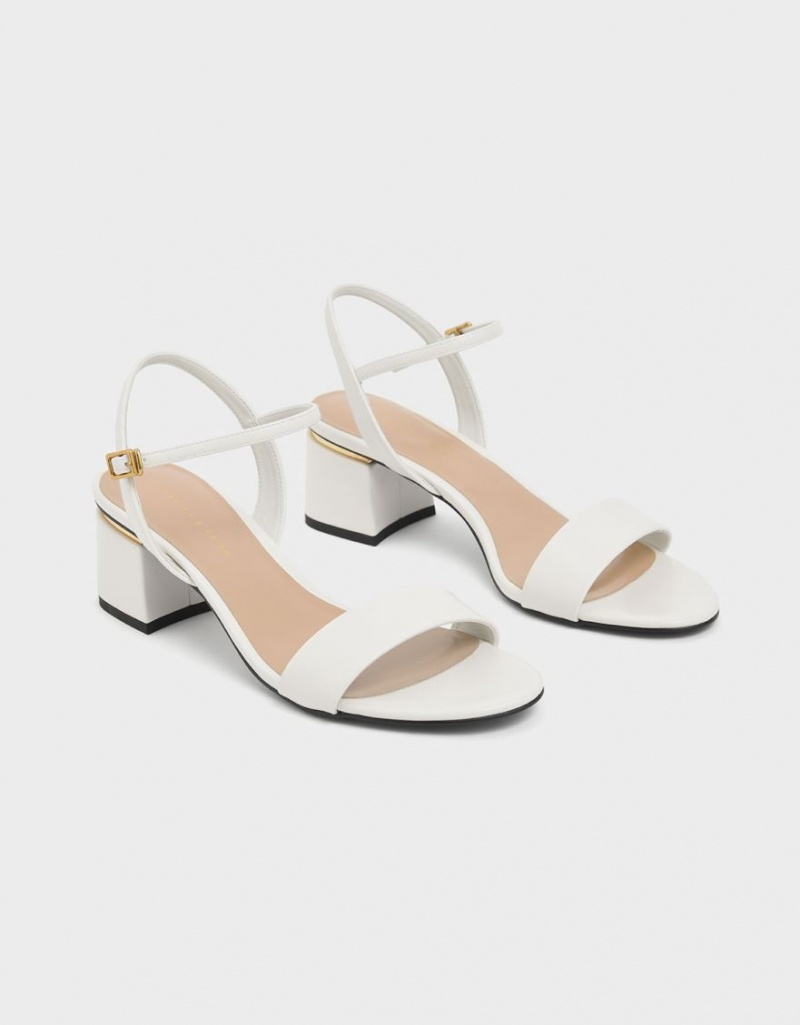 Charles And Keith Open Toe Ankle Strap Block Heels Sandals White | PHILIPPINES F028