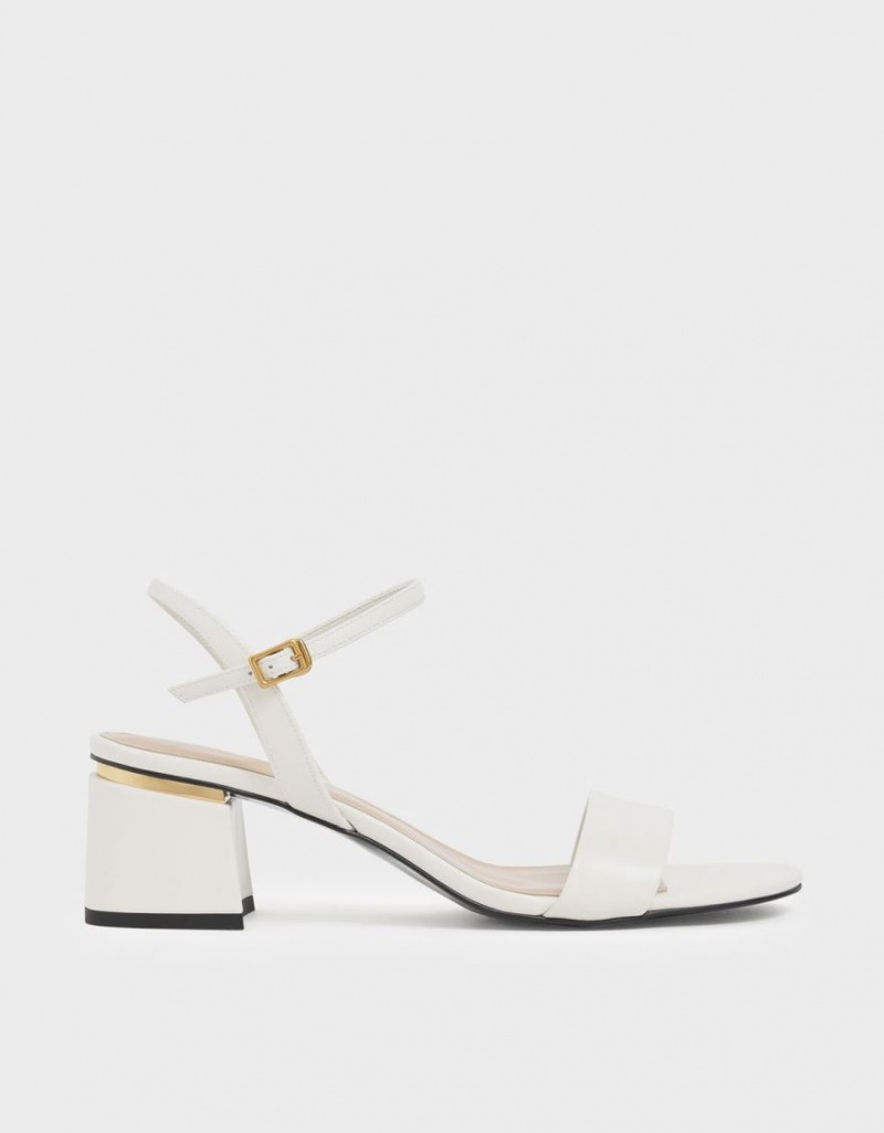 Charles And Keith Open Toe Ankle Strap Block Heels Sandals White | PHILIPPINES F028