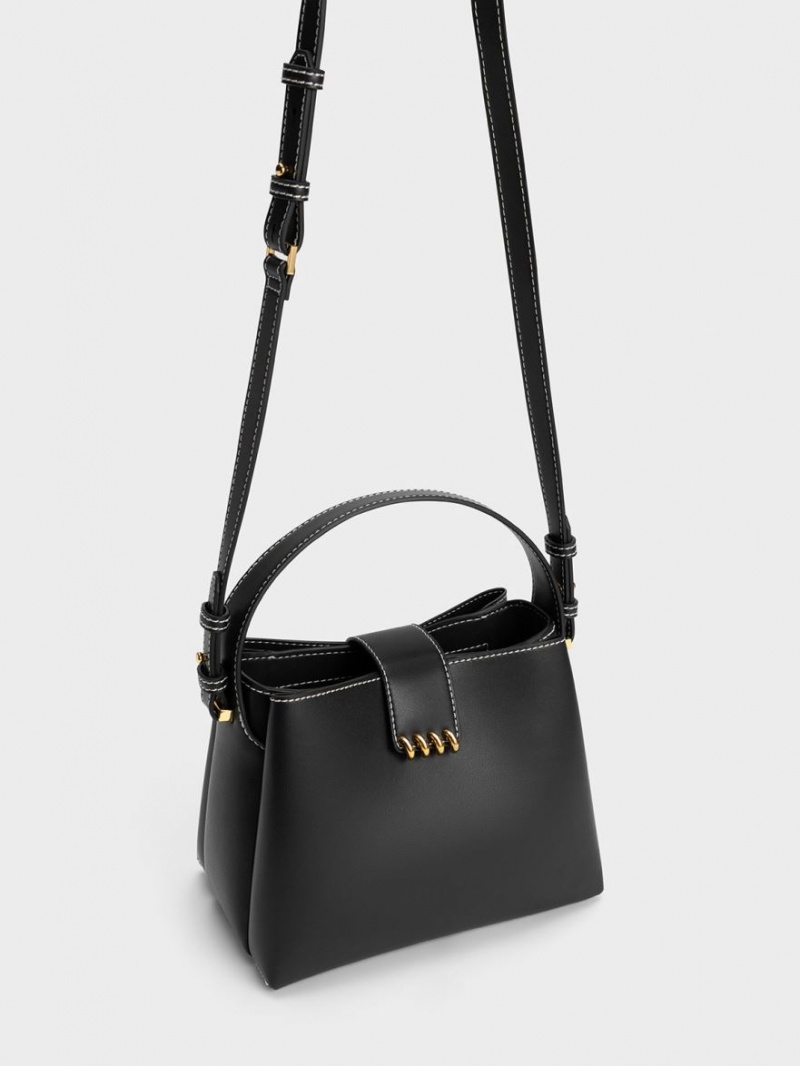 Charles And Keith Osiris Metallic Accent Belted Shoulder Bags Black | PHILIPPINES W186