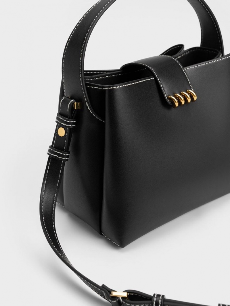 Charles And Keith Osiris Metallic Accent Belted Shoulder Bags Black | PHILIPPINES W186