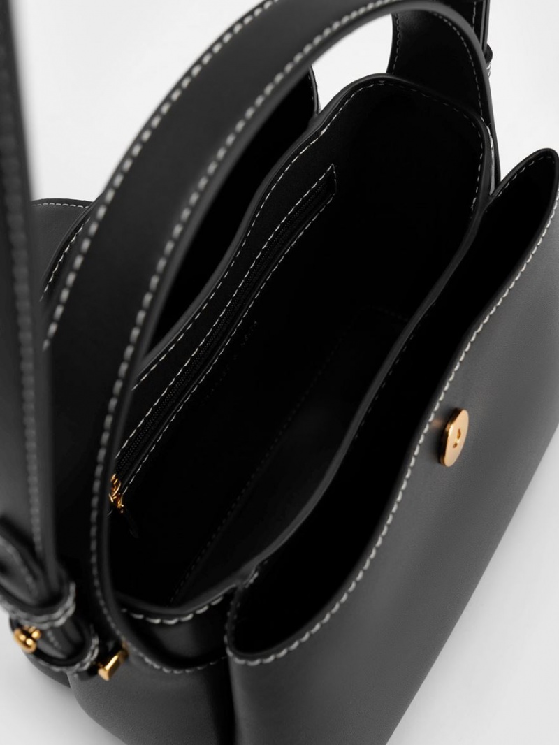 Charles And Keith Osiris Metallic Accent Belted Shoulder Bags Black | PHILIPPINES W186