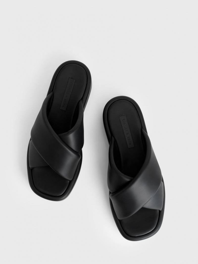 Charles And Keith Padded Crossover Flatforms Slides Black | PHILIPPINES Y516