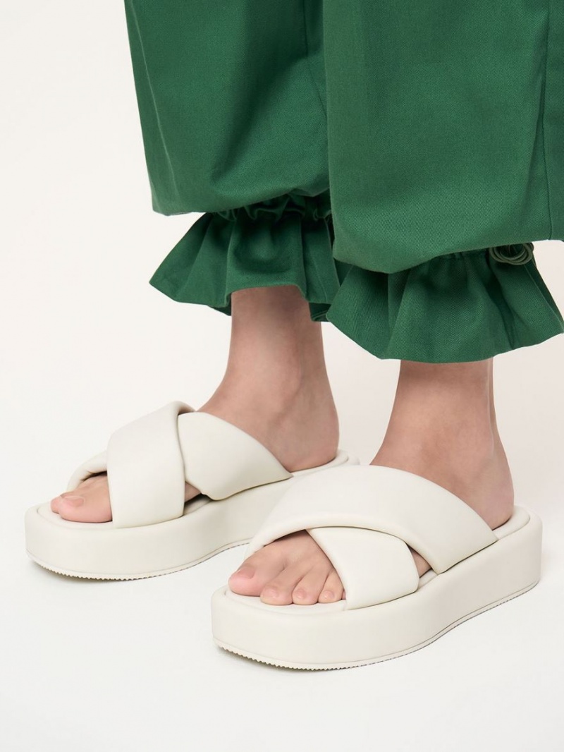 Charles And Keith Padded Crossover Flatforms Slides White | PHILIPPINES L861