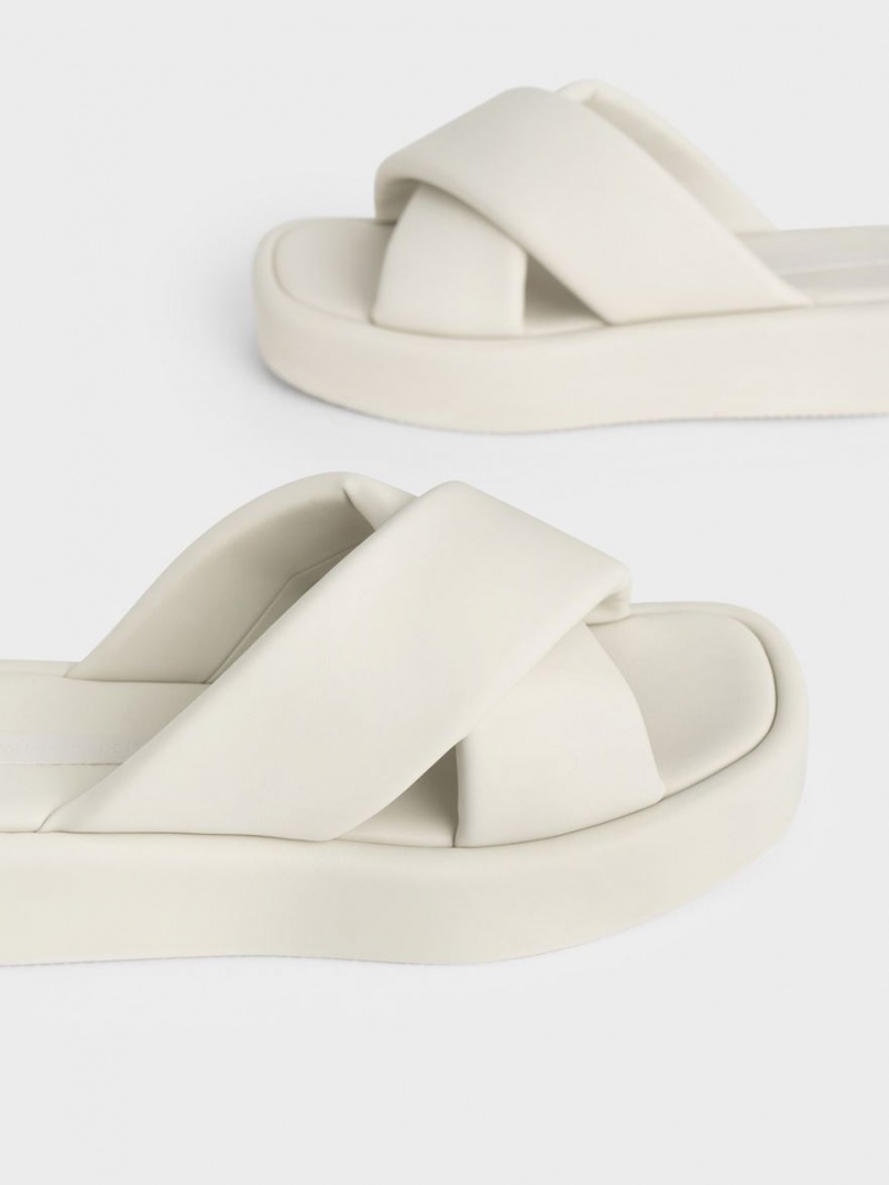 Charles And Keith Padded Crossover Flatforms Slides White | PHILIPPINES L861