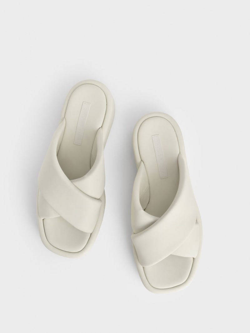 Charles And Keith Padded Crossover Flatforms Slides White | PHILIPPINES L861