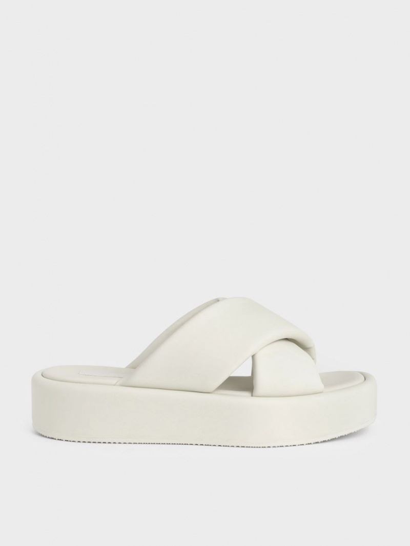 Charles And Keith Padded Crossover Flatforms Slides White | PHILIPPINES L861