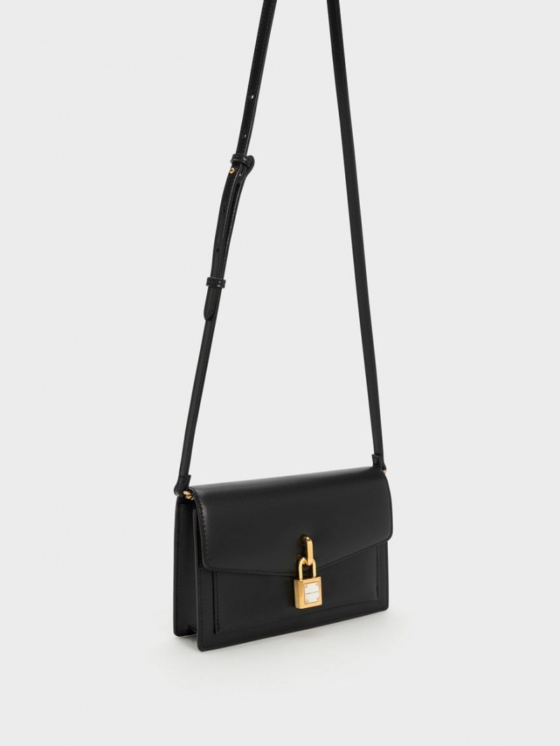 Charles And Keith Padlock Envelope Crossbody Bags Black | PHILIPPINES I603