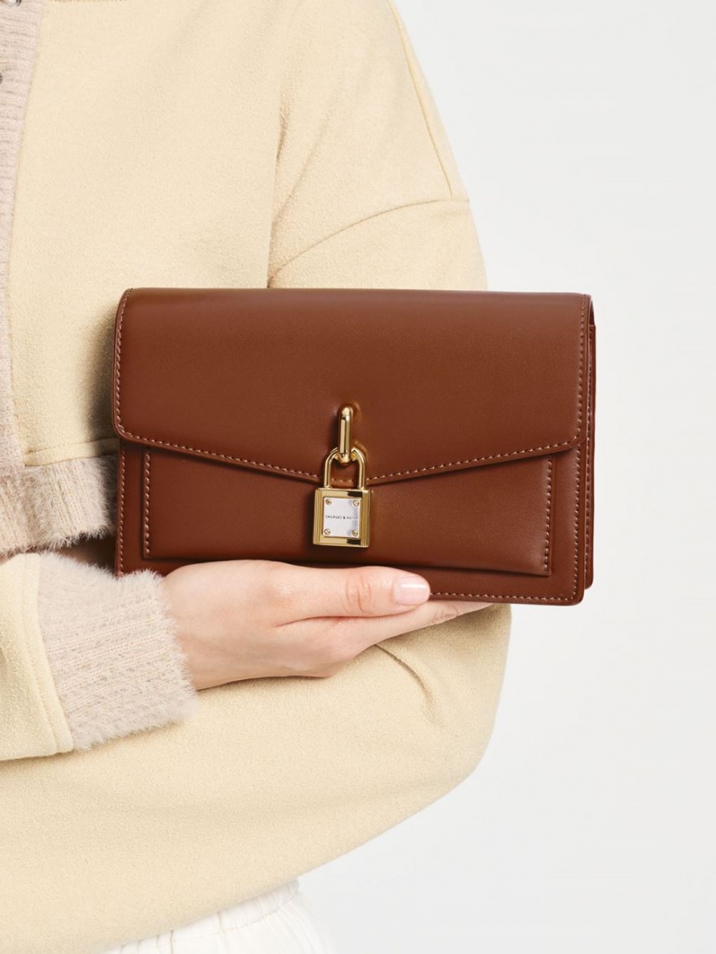 Charles And Keith Padlock Envelope Crossbody Bags Chocolate | PHILIPPINES N708