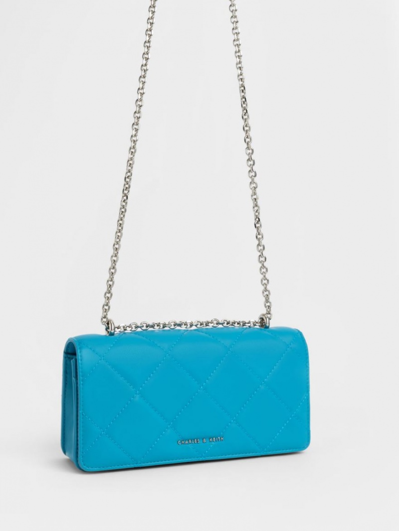 Charles And Keith Paffuto Chain Handle Quilted Long Wallets Blue | PHILIPPINES K354