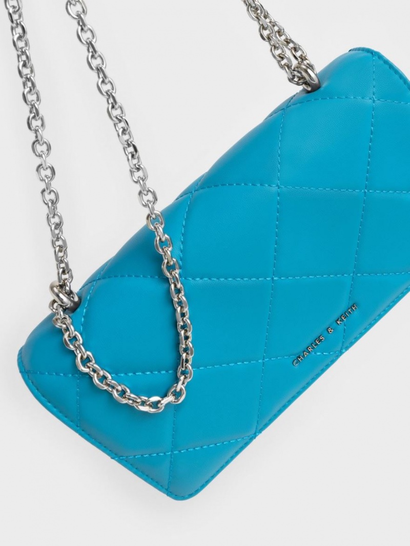 Charles And Keith Paffuto Chain Handle Quilted Long Wallets Blue | PHILIPPINES K354