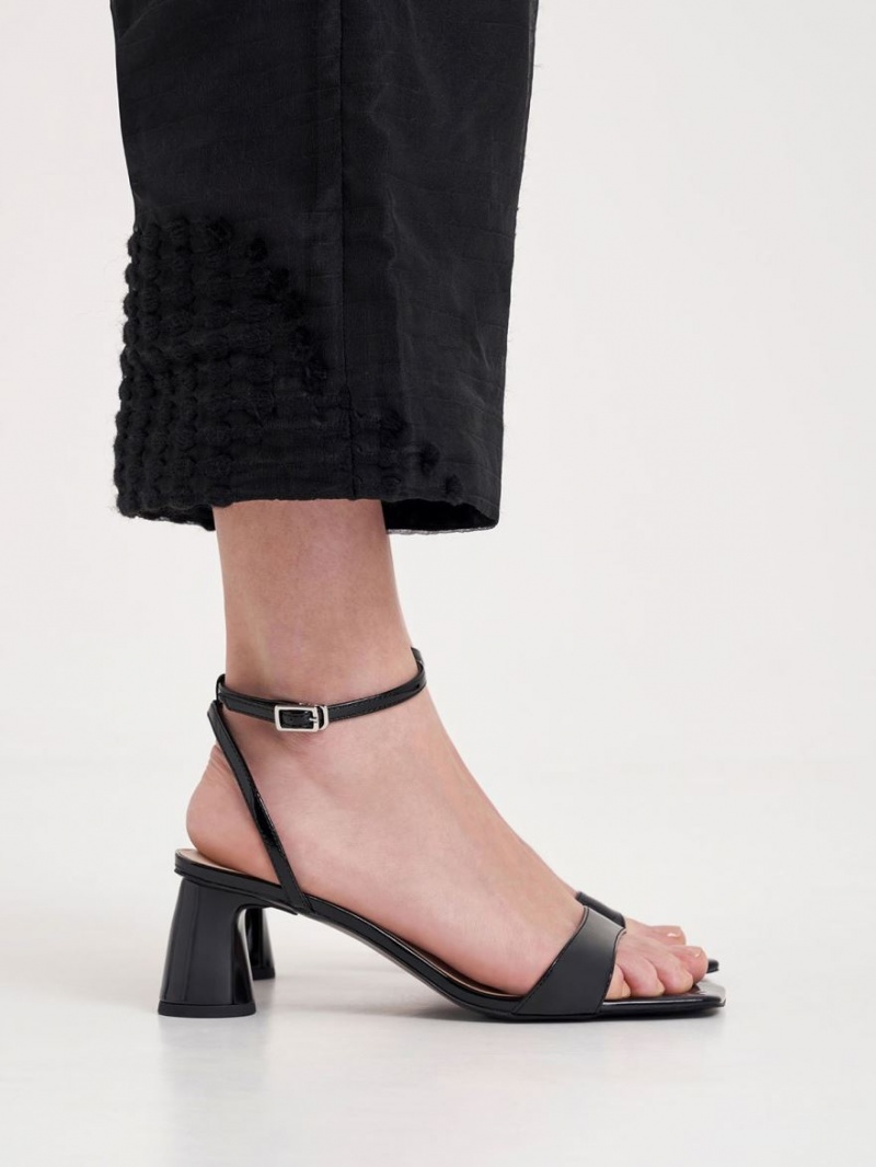 Charles And Keith Patent Ankle-Strap Cylindrical Heels Sandals Black | PHILIPPINES U492