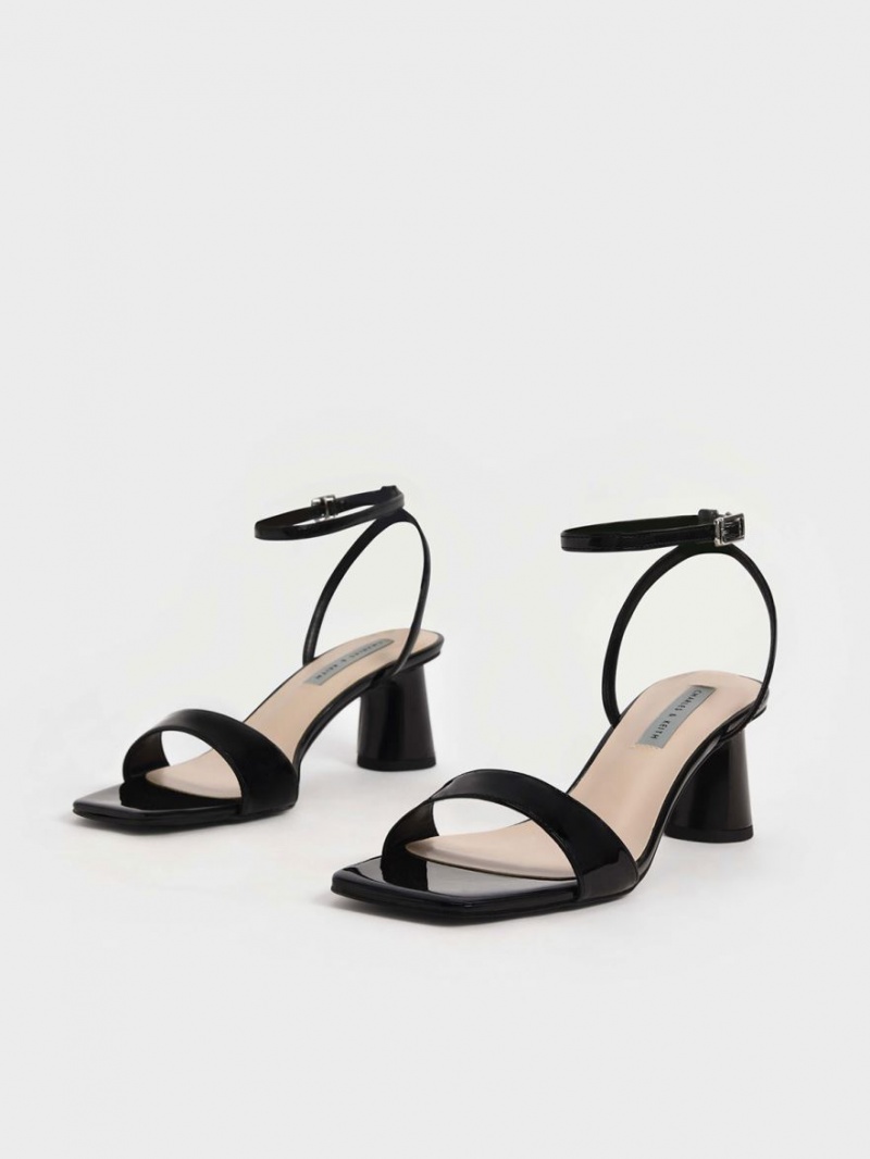 Charles And Keith Patent Ankle-Strap Cylindrical Heels Sandals Black | PHILIPPINES U492