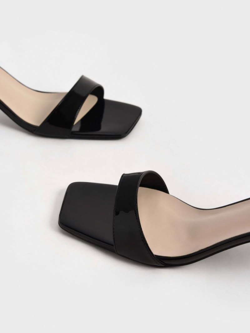 Charles And Keith Patent Ankle-Strap Cylindrical Heels Sandals Black | PHILIPPINES U492