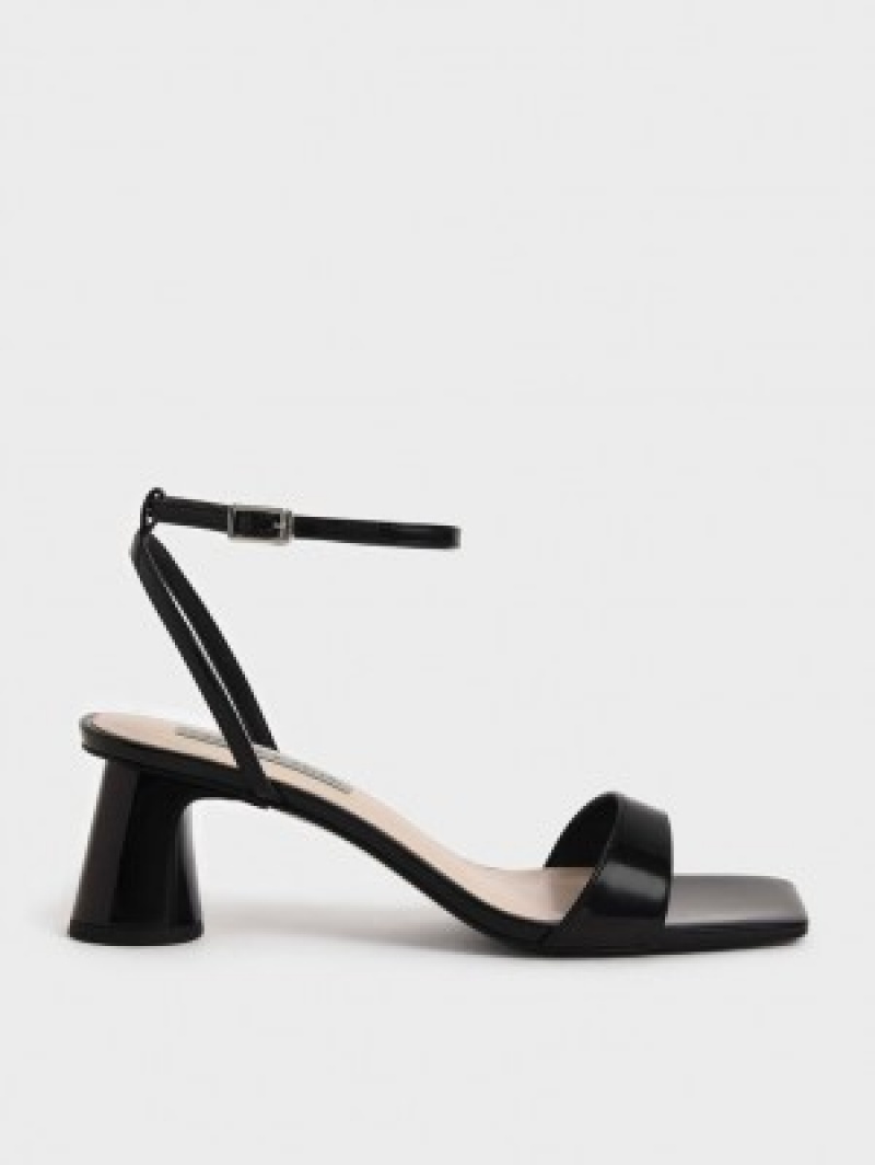 Charles And Keith Patent Ankle-Strap Cylindrical Heels Sandals Black | PHILIPPINES U492