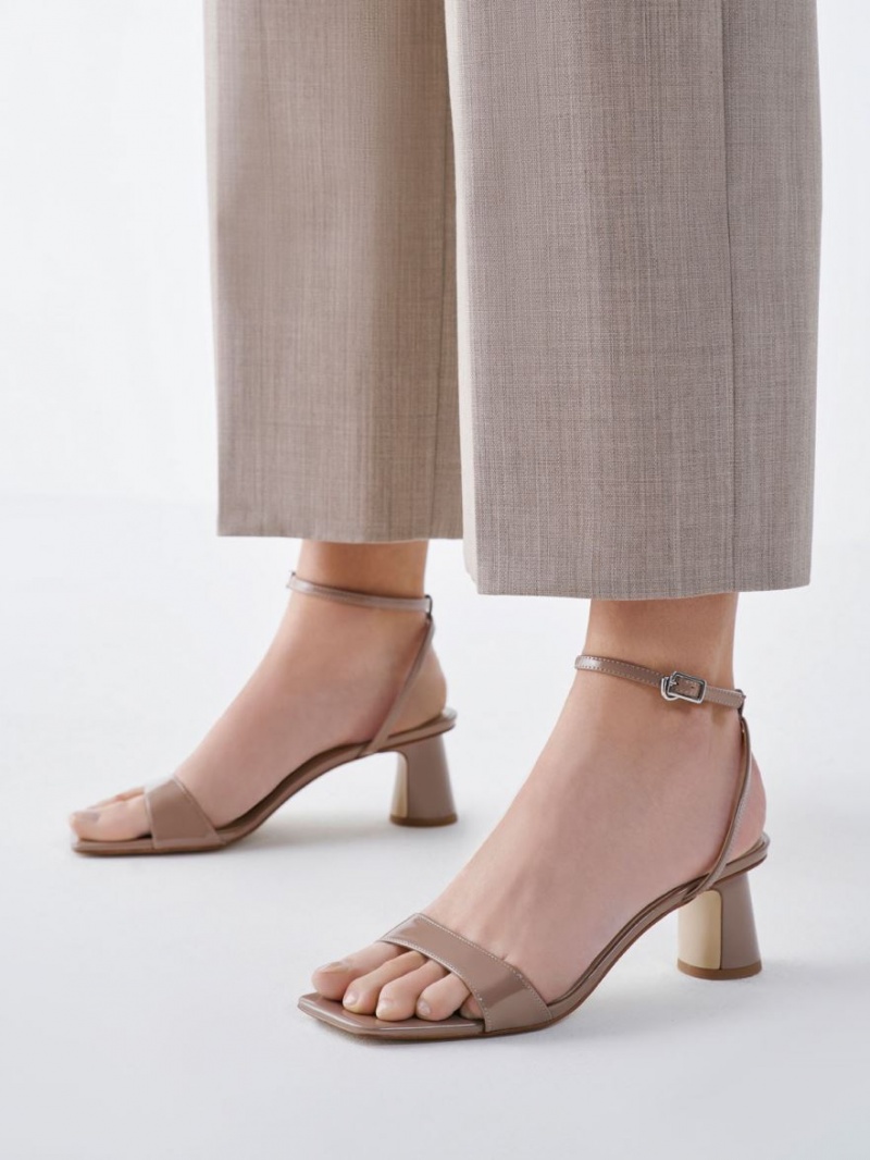 Charles And Keith Patent Ankle-Strap Cylindrical Heels Sandals Beige | PHILIPPINES L305