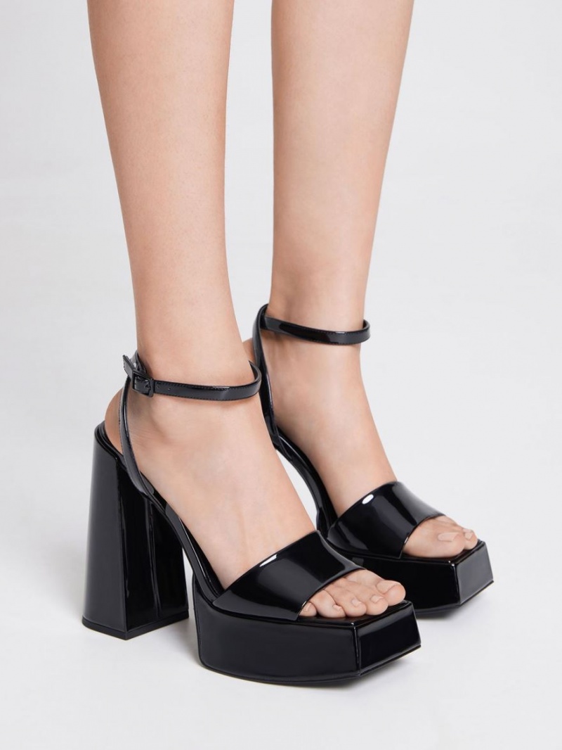 Charles And Keith Patent Ankle-Strap Platform Sandals Black | PHILIPPINES F408