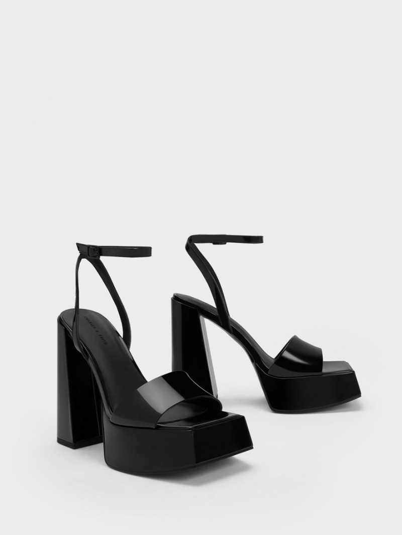 Charles And Keith Patent Ankle-Strap Platform Sandals Black | PHILIPPINES F408