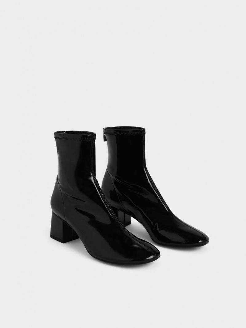 Charles And Keith Patent Block Heel Ankle Boots Black | PHILIPPINES N915