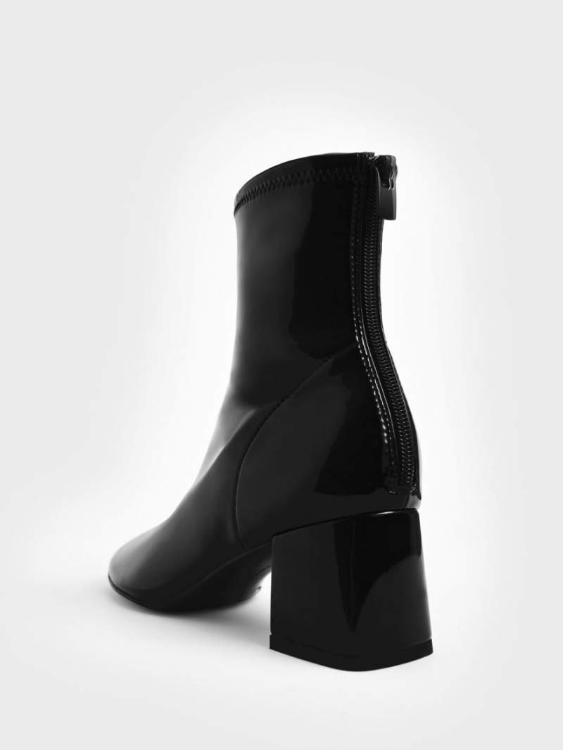 Charles And Keith Patent Block Heel Ankle Boots Black | PHILIPPINES N915