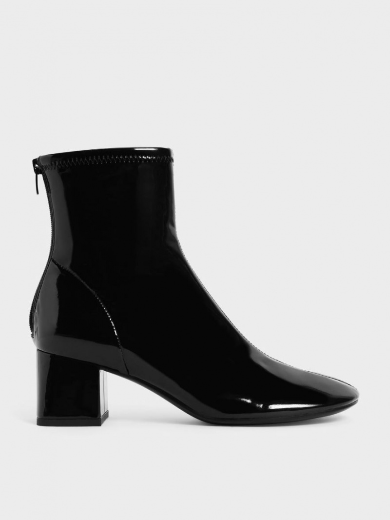 Charles And Keith Patent Block Heel Ankle Boots Black | PHILIPPINES N915