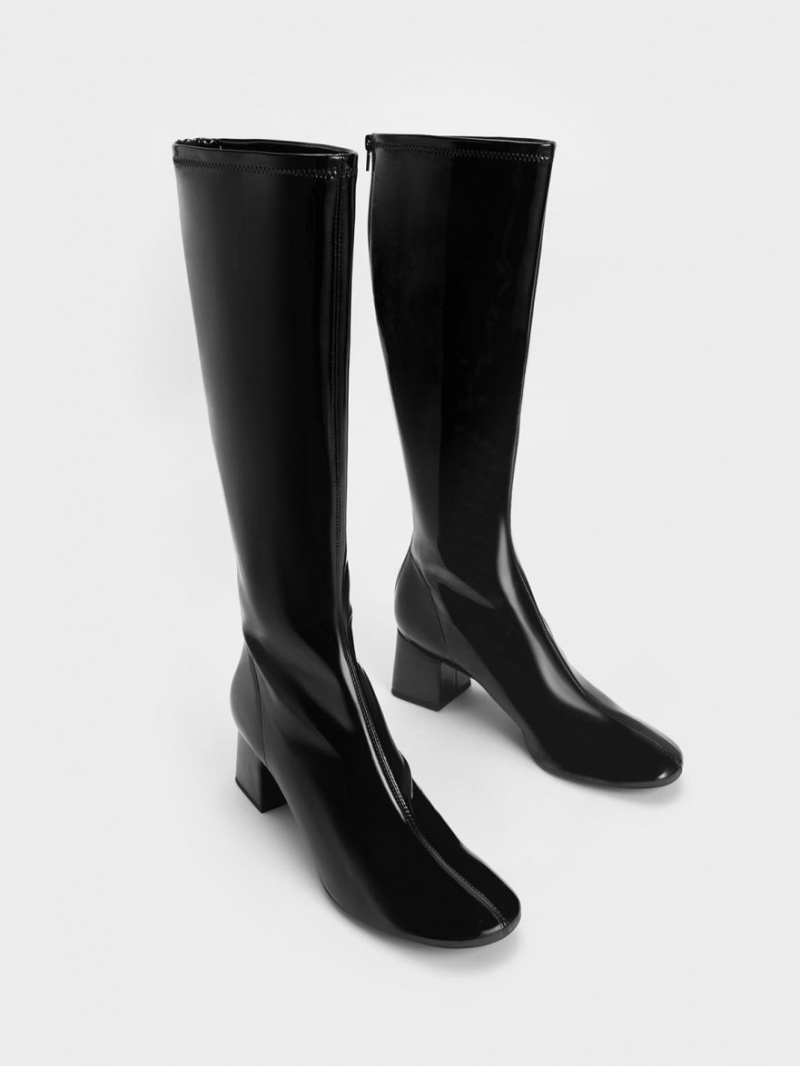 Charles And Keith Patent Block Heel Knee-high Boots Black | PHILIPPINES F745