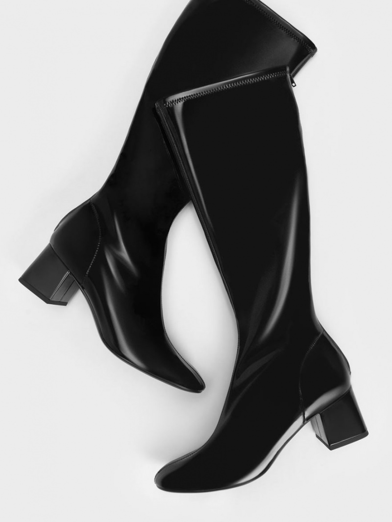 Charles And Keith Patent Block Heel Knee-high Boots Black | PHILIPPINES F745