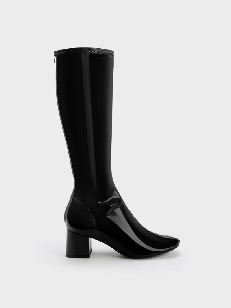 Charles And Keith Patent Block Heel Knee-high Boots Black | PHILIPPINES F745