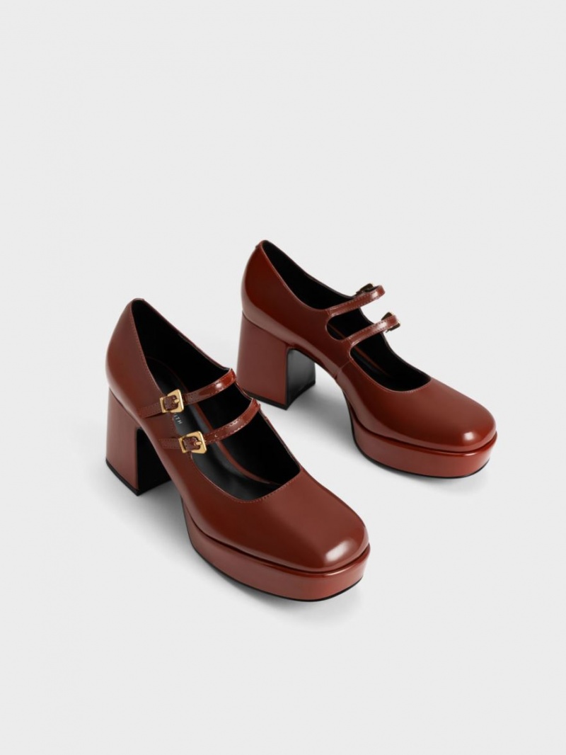 Charles And Keith Patent Block Heel Mary Jane Shoes Brown | PHILIPPINES F793