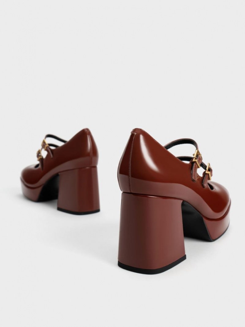 Charles And Keith Patent Block Heel Mary Jane Shoes Brown | PHILIPPINES F793