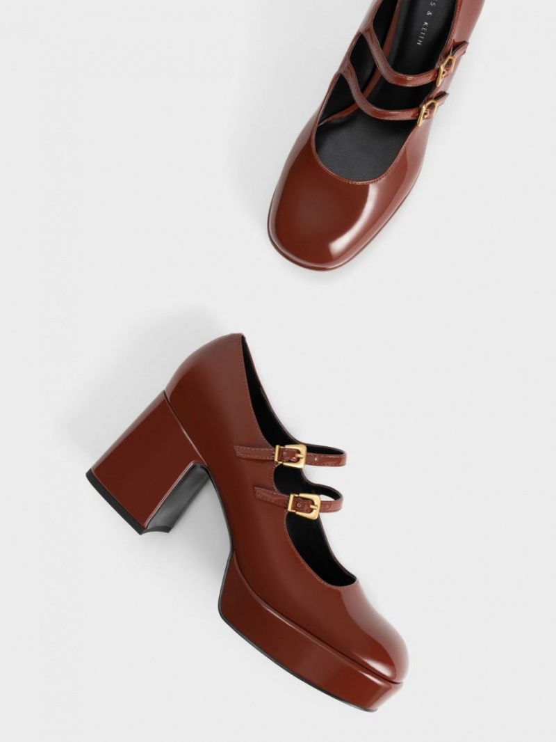 Charles And Keith Patent Block Heel Mary Jane Shoes Brown | PHILIPPINES F793