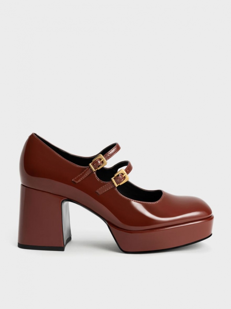 Charles And Keith Patent Block Heel Mary Jane Shoes Brown | PHILIPPINES F793