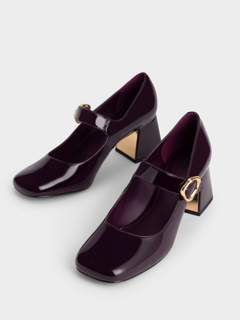 Charles And Keith Patent Buckled Mary Jane Pumps Burgundy | PHILIPPINES U352