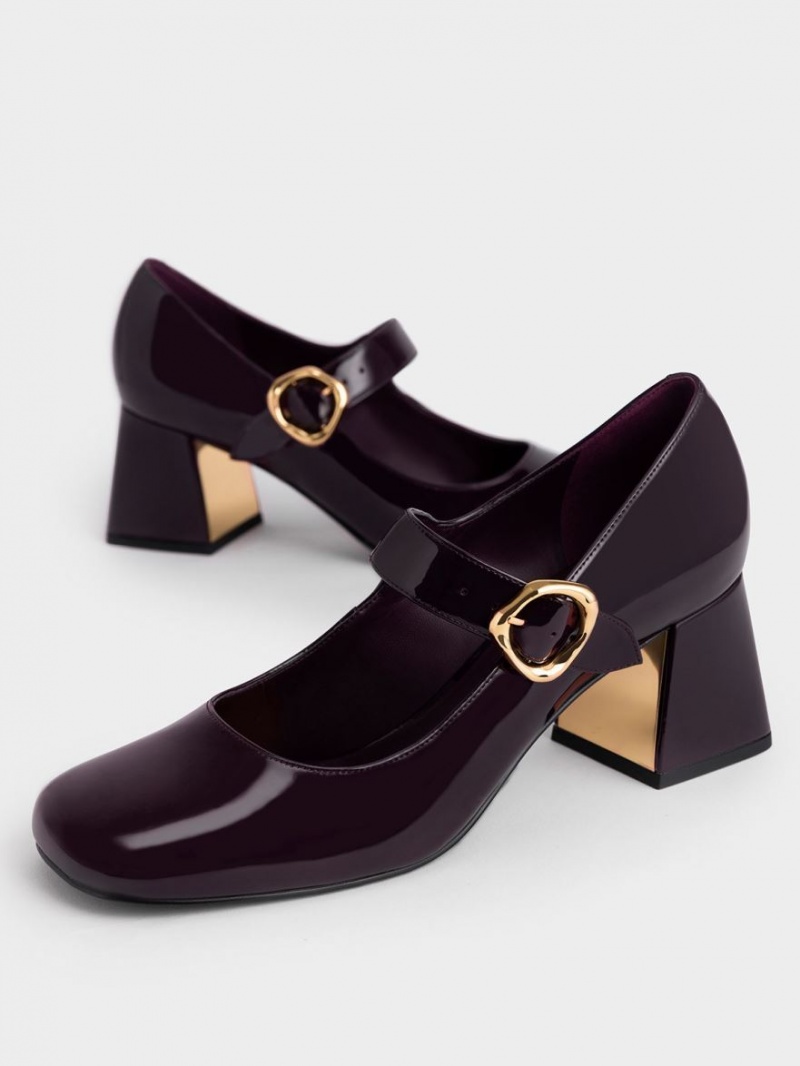 Charles And Keith Patent Buckled Mary Jane Pumps Burgundy | PHILIPPINES U352