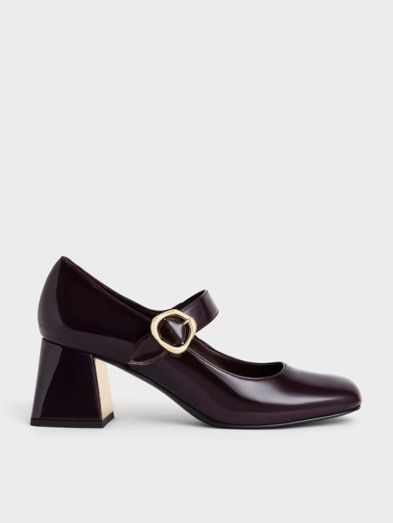 Charles And Keith Patent Buckled Mary Jane Pumps Burgundy | PHILIPPINES U352