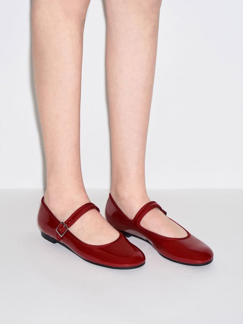 Charles And Keith Patent Buckled Mary Jane Flat Shoes Red | PHILIPPINES S539