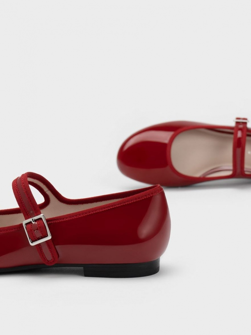 Charles And Keith Patent Buckled Mary Jane Flat Shoes Red | PHILIPPINES S539