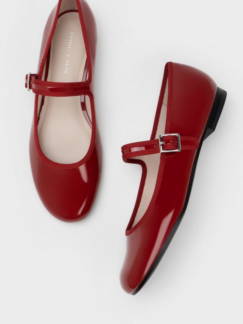 Charles And Keith Patent Buckled Mary Jane Flat Shoes Red | PHILIPPINES S539