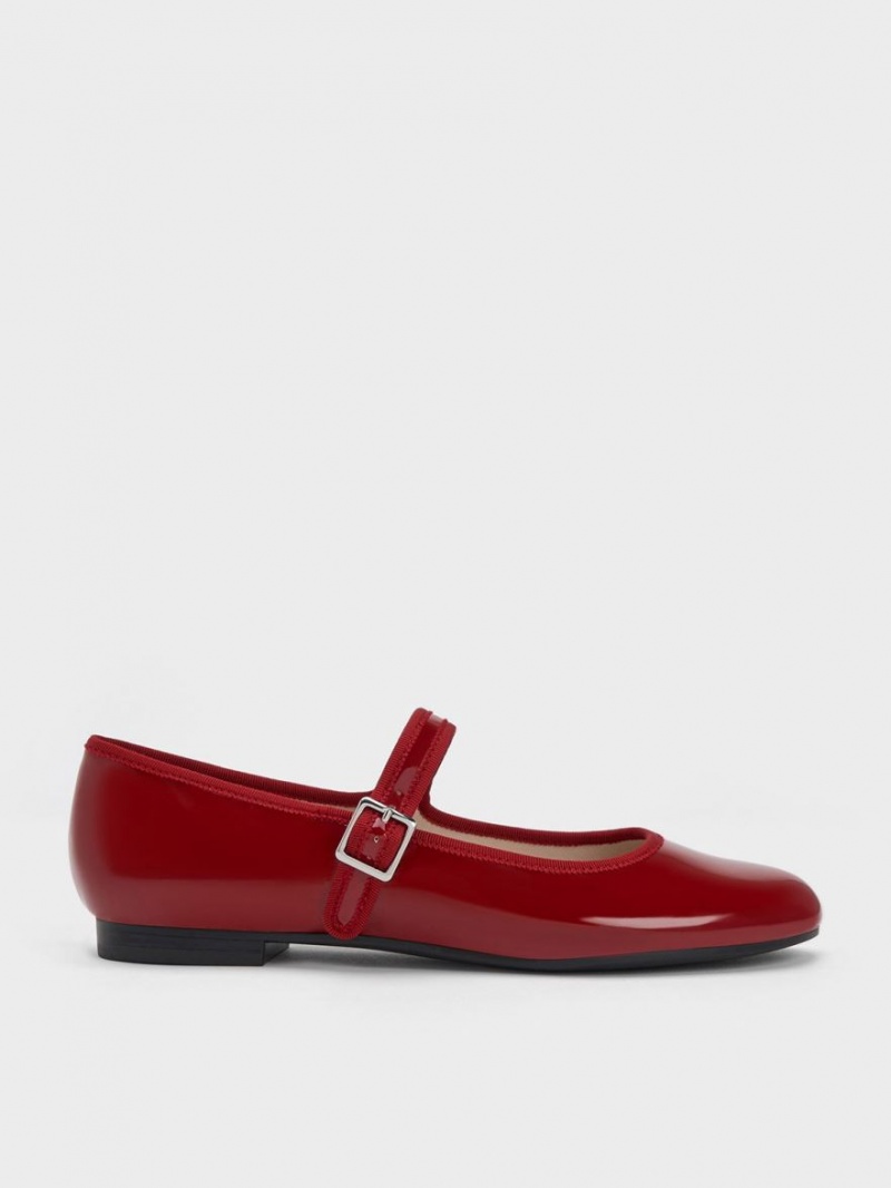 Charles And Keith Patent Buckled Mary Jane Flat Shoes Red | PHILIPPINES S539