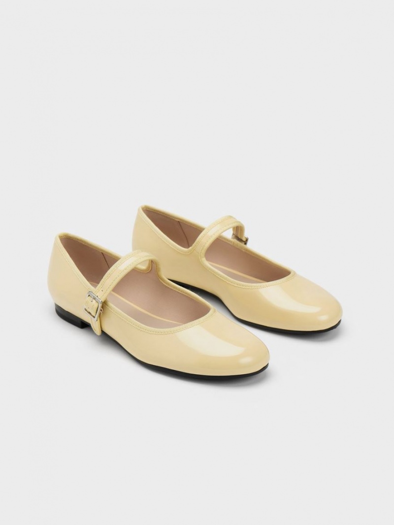 Charles And Keith Patent Buckled Mary Jane Flat Shoes Yellow | PHILIPPINES X817