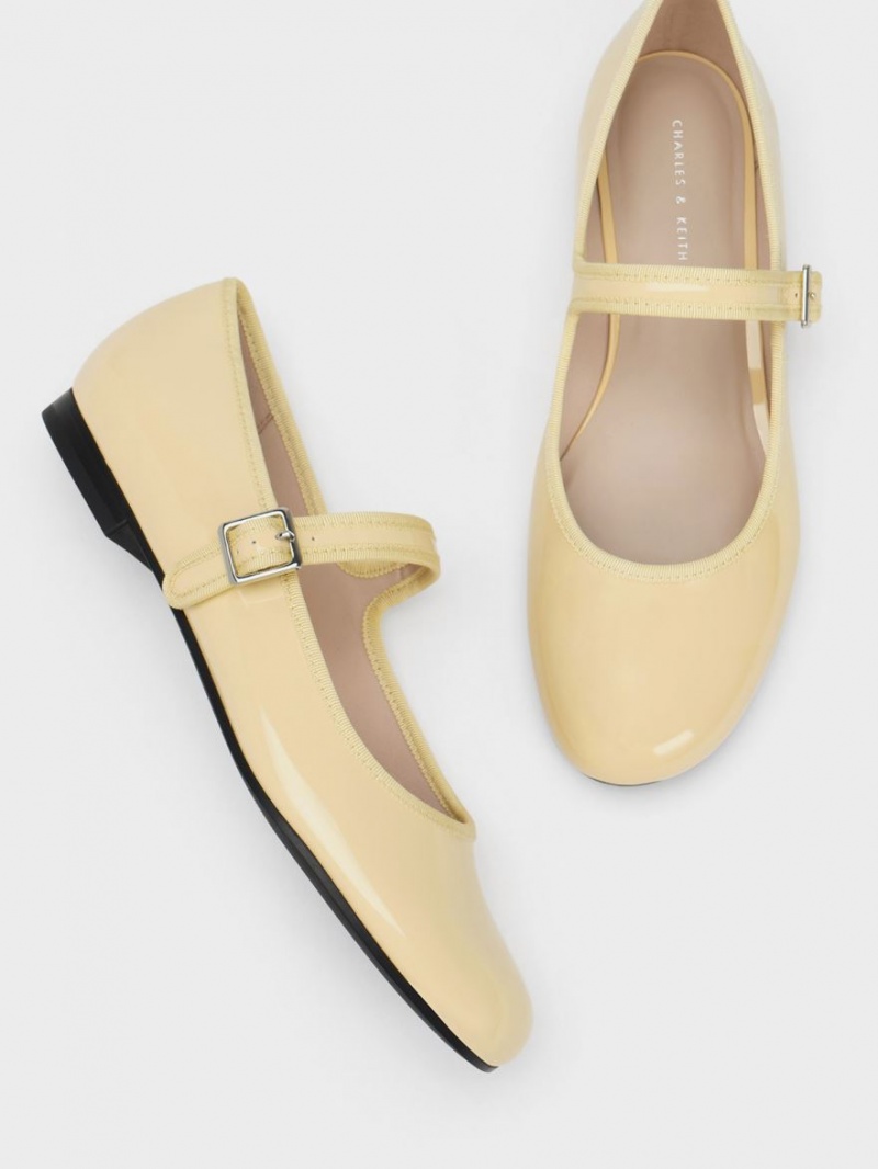 Charles And Keith Patent Buckled Mary Jane Flat Shoes Yellow | PHILIPPINES X817