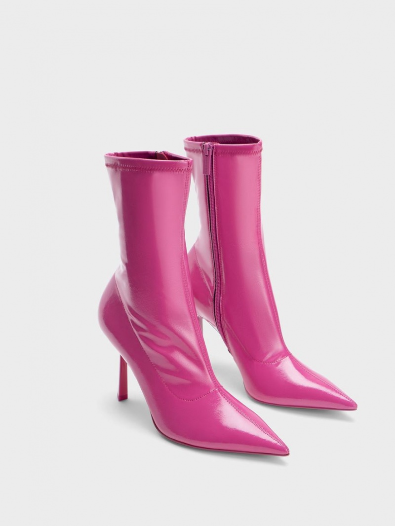 Charles And Keith Patent Crinkle-Effect Pointed-Toe Stiletto Heel Ankle Boots Fuchsia | PHILIPPINES F907