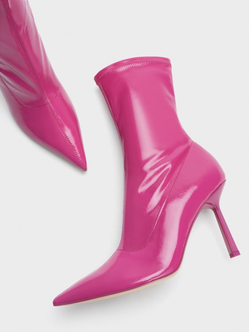 Charles And Keith Patent Crinkle-Effect Pointed-Toe Stiletto Heel Ankle Boots Fuchsia | PHILIPPINES F907