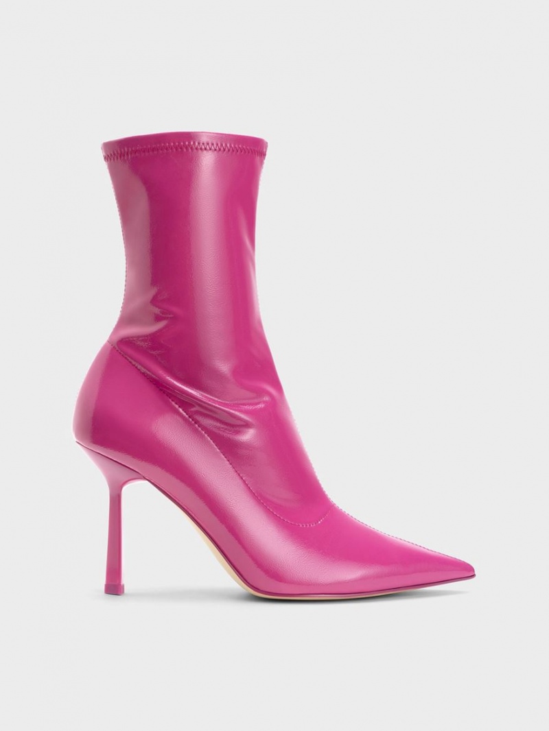 Charles And Keith Patent Crinkle-Effect Pointed-Toe Stiletto Heel Ankle Boots Fuchsia | PHILIPPINES F907