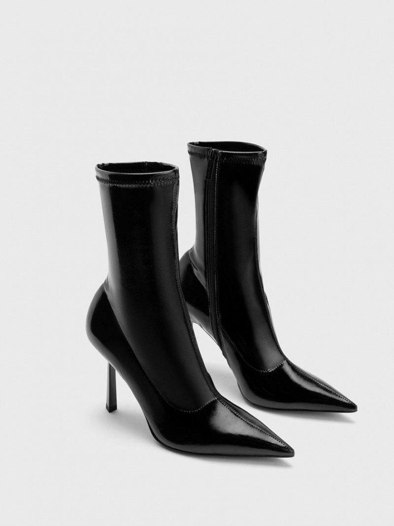 Charles And Keith Patent Crinkle-Effect Pointed-Toe Stiletto Heel Ankle Boots Black | PHILIPPINES L309