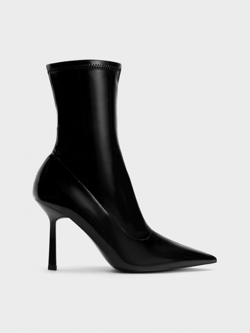 Charles And Keith Patent Crinkle-Effect Pointed-Toe Stiletto Heel Ankle Boots Black | PHILIPPINES L309