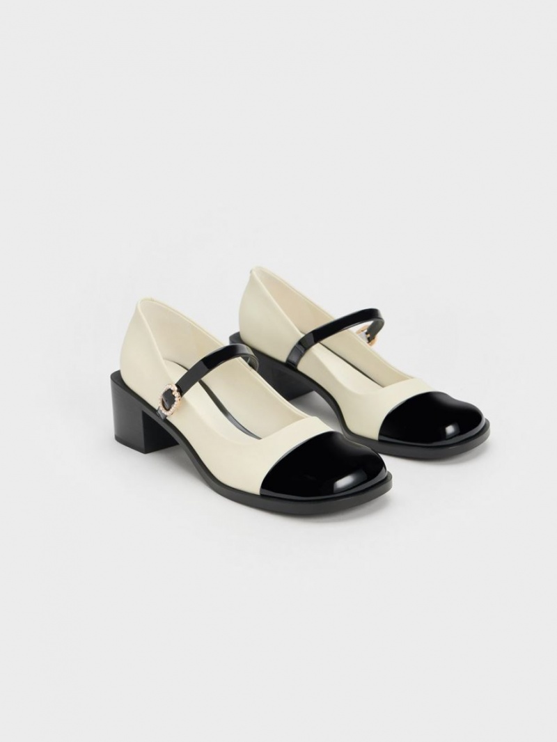 Charles And Keith Patent Crystal-Embellished Buckle Two-Tone Mary Jane Shoes Cream | PHILIPPINES P823