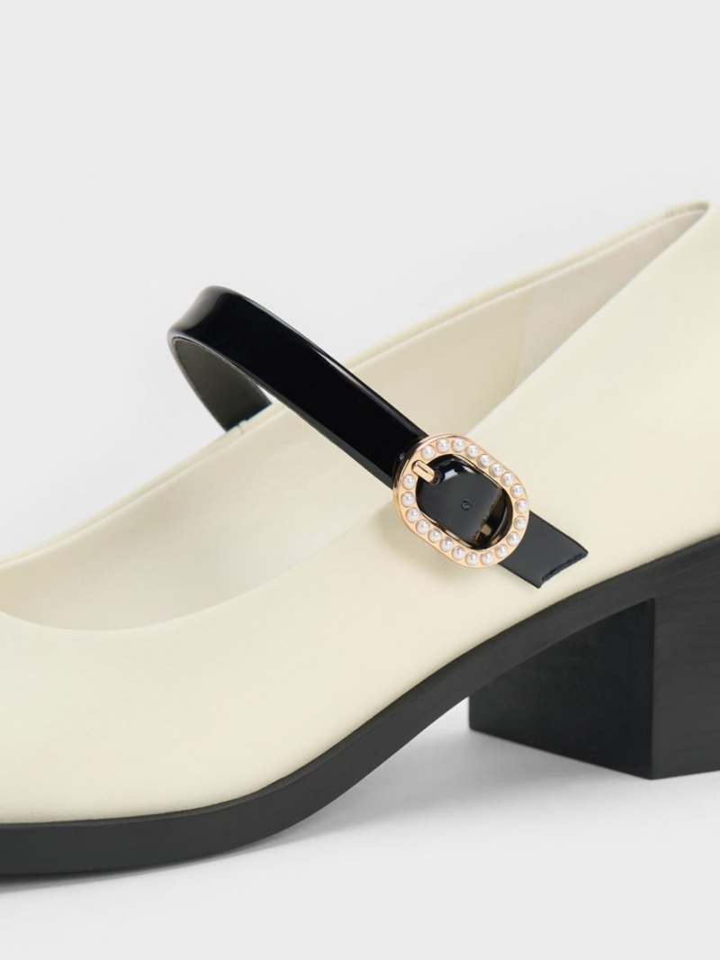 Charles And Keith Patent Crystal-Embellished Buckle Two-Tone Mary Jane Shoes Cream | PHILIPPINES P823