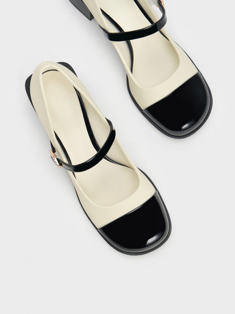 Charles And Keith Patent Crystal-Embellished Buckle Two-Tone Mary Jane Shoes Cream | PHILIPPINES P823