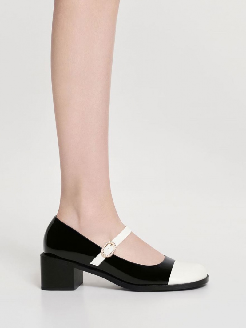 Charles And Keith Patent Crystal-Embellished Buckle Two-Tone Mary Jane Shoes Black | PHILIPPINES H924