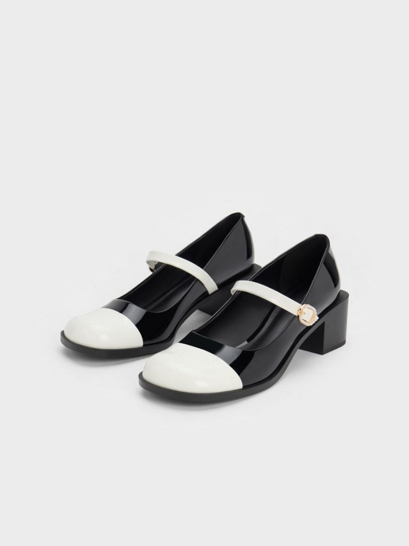 Charles And Keith Patent Crystal-Embellished Buckle Two-Tone Mary Jane Shoes Black | PHILIPPINES H924